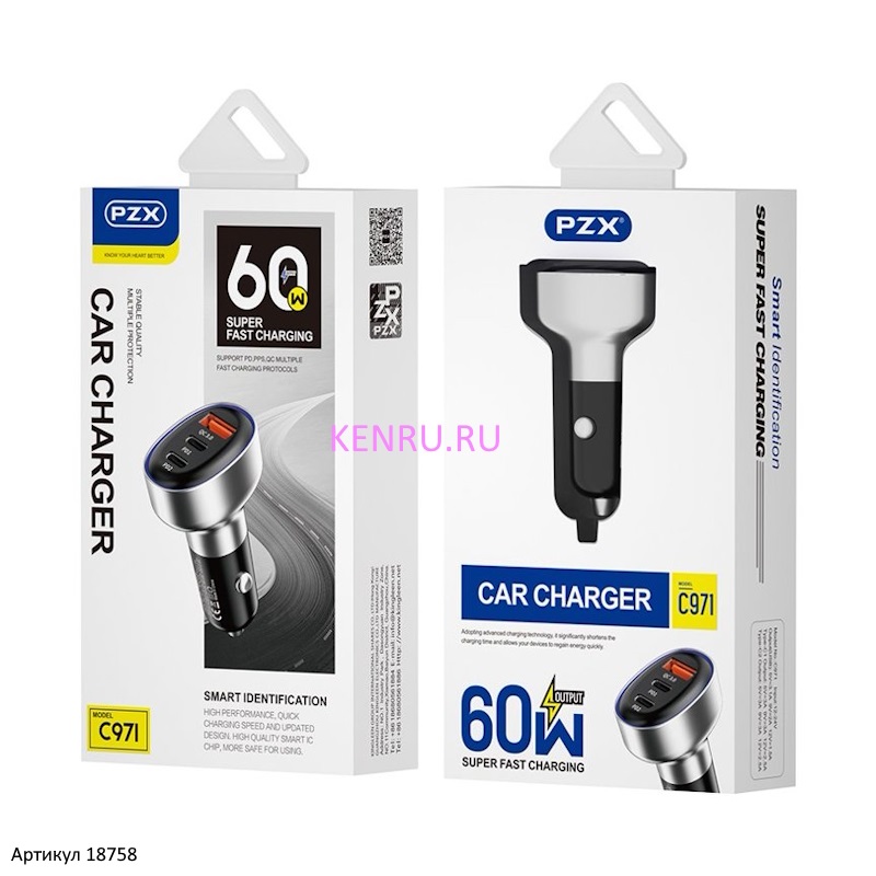 Автомобильное зарядное устройство USB Type-C PZX C971 60W QC3.0 PD 2Type-C 1USB Черный